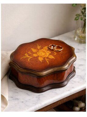 Vintage Wooden Jewelry Box Floral Inlay Maroon Velvet Interior Trinket Box Vanit